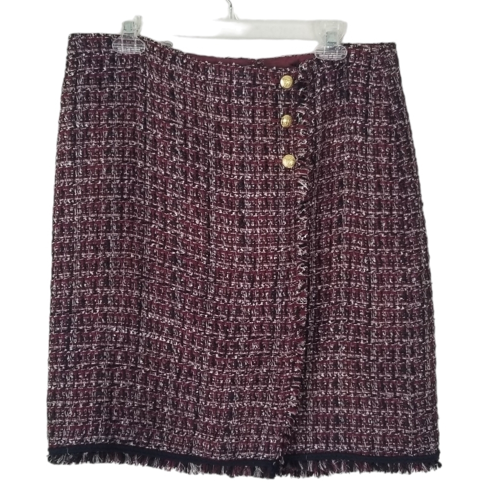Talbots Red/Black Faux Wrap Tweed Pencil Skirt Size 14P Frayed Hem Button Detail